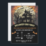 Scary Halloween Birthday Party  Invitation<br><div class="desc">Scary Halloween Party Invitation with Pumpkins,  night forest scene,  bats,  moon... .in orange,  black,  and blue colors. Great for a costume party for Kids or Adults Invitation</div>