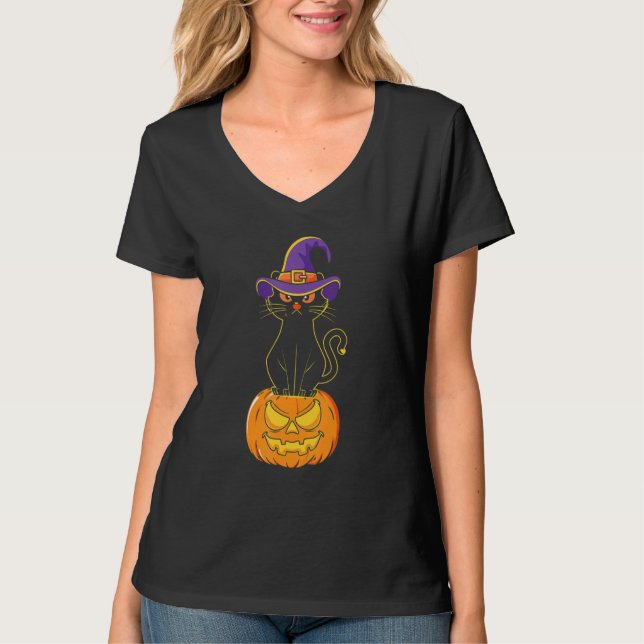 Scary Halloween Black Cat Costume Witch Hat & Moon T-Shirt (Front)