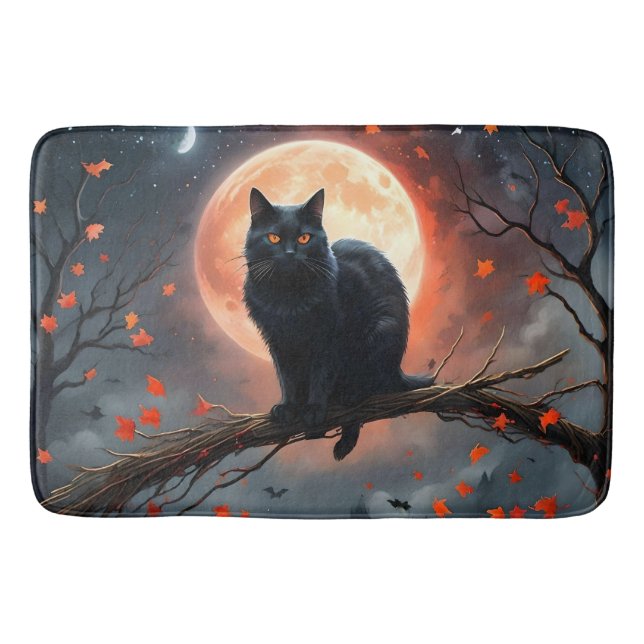 Scary Halloween Black Cat Moonlight,  Bath Mat (Front)