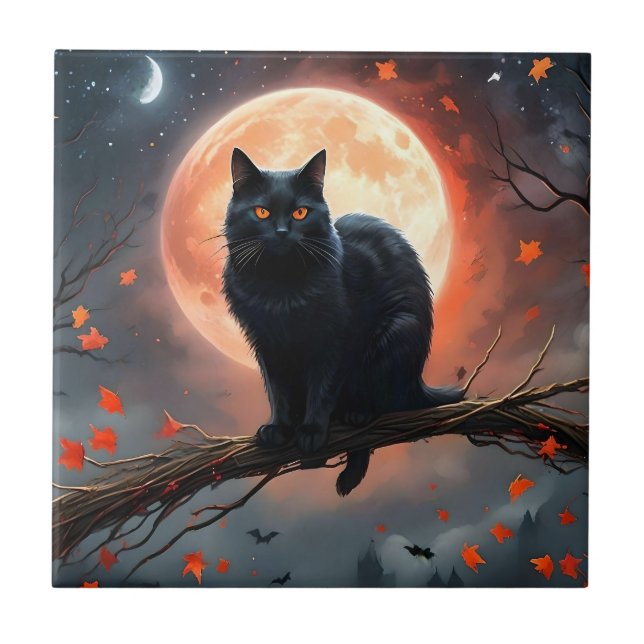 Scary Halloween Black Cat Moonlight,  Ceramic Tile (Front)