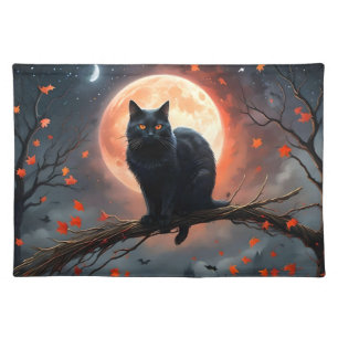 Scary Halloween Black Cat Moonlight, Cloth Placemat