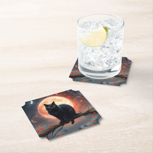 Scary Halloween Black Cat Moonlight,  Paper Coaster (Insitu)