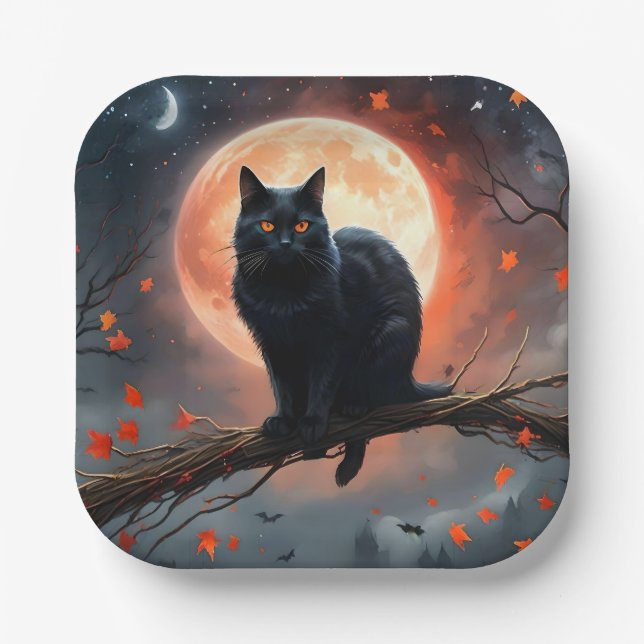 Scary Halloween Black Cat Moonlight,  Paper Plates (Front)