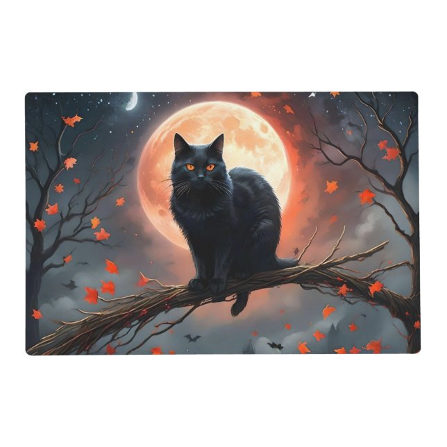 Scary Halloween Black Cat Moonlight,  Placemat (Front)