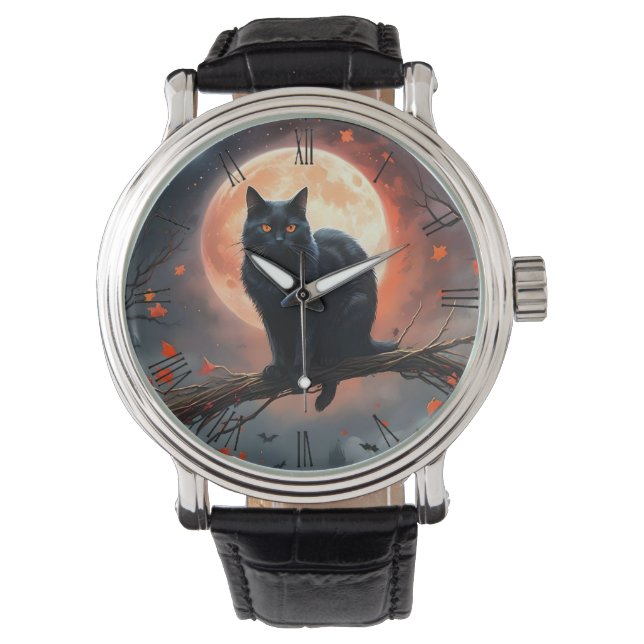 Scary Halloween Black Cat Moonlight,  Watch (Front)
