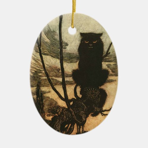 Scary Halloween Black Cat Vintage Rackham Ceramic Ornament