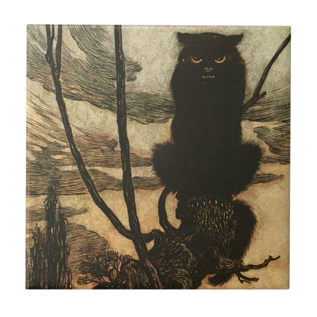 Scary Halloween Black Cat Vintage Rackham Ceramic Tile (Front)