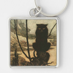 Scary Halloween Black Cat Vintage Rackham Keychain