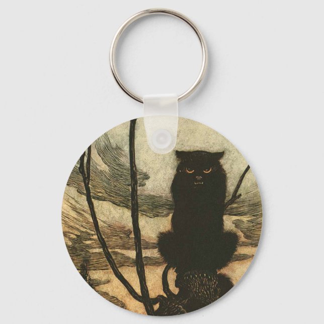 Scary Halloween Black Cat Vintage Rackham Keychain (Front)