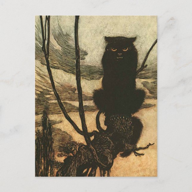 Scary Halloween Black Cat Vintage Rackham Postcard (Front)