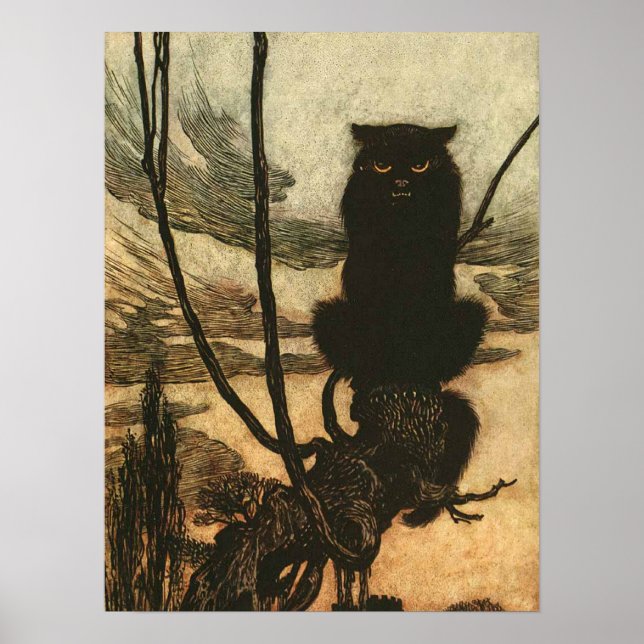 Scary Halloween Black Cat Vintage Rackham Poster (Front)
