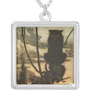 Scary Halloween Black Cat Vintage Rackham Silver Plated Necklace