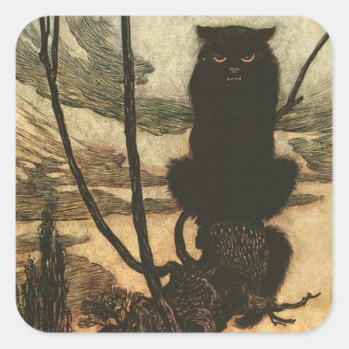 Scary Halloween Black Cat Vintage Rackham Square Sticker
