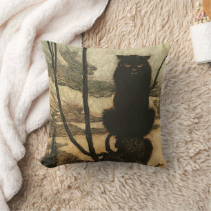 Scary Halloween Black Cat Vintage Rackham Throw Pillow