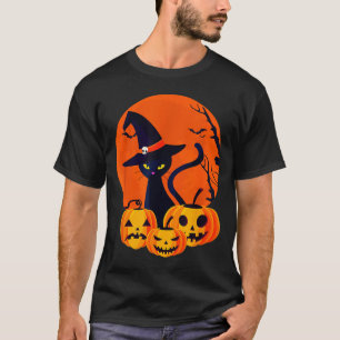 Scary Halloween Black Cat Witch Hat Moon Pumpkin T-Shirt