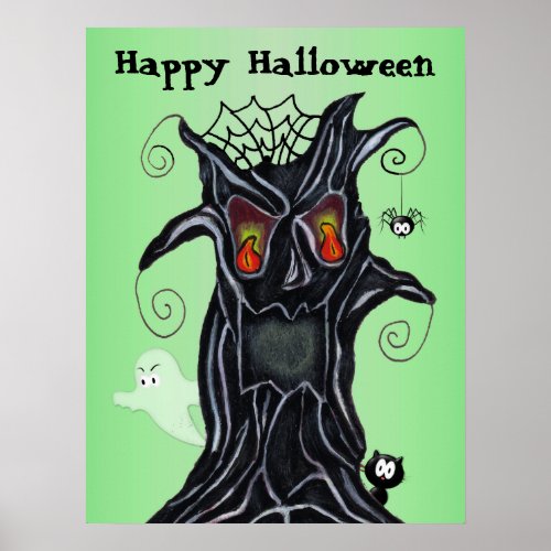 Scary Halloween Black Tree Ghost Cat Spider Poster