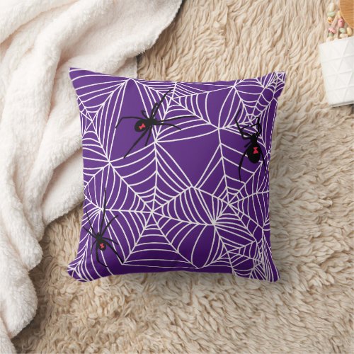 Scary Halloween Black Widow Spider Web Pattern Throw Pillow