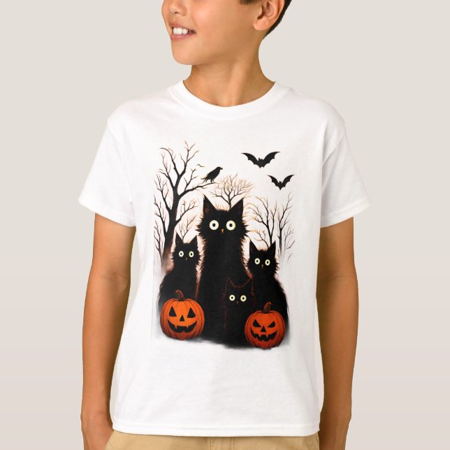 Scary Halloween Cats and Bats Design | Dark Horror T-Shirt (Front)