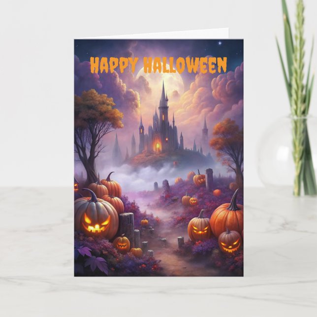 Scary Halloween Creepy Castle and Jack O Lanterns Holiday Card (Front)