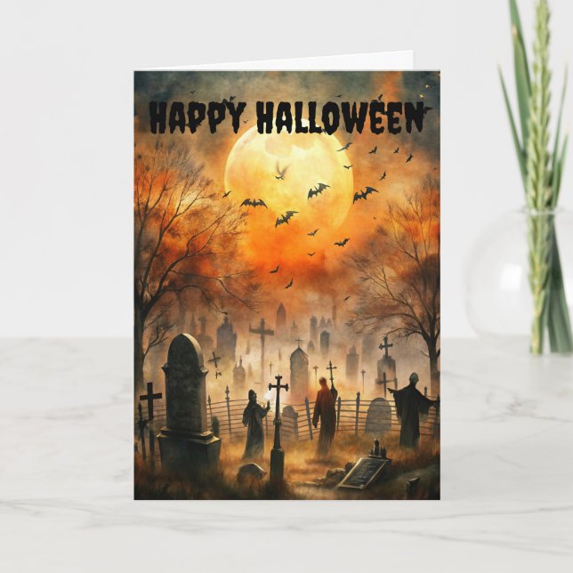 Scary Halloween Creepy Graveyard Scene Holiday Card (Front)