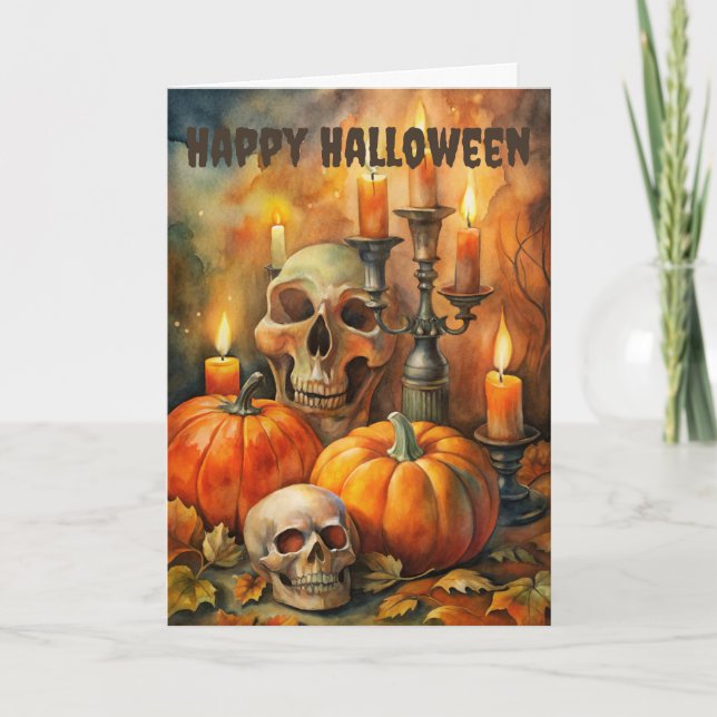 Scary Halloween Creepy Skulls and pumpkins Holiday Card (Front)