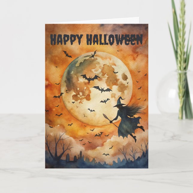 Scary Halloween Creepy Witch with Broomstick Holiday Card (Front)