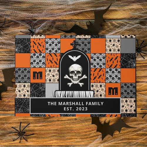 Scary Halloween Fall Skull Black and Orange  Doormat