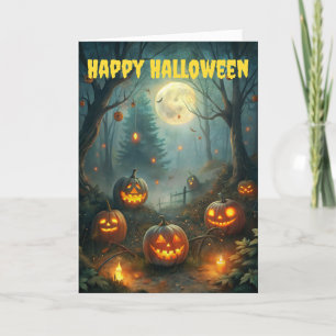 Scary Halloween Full Moon and Jack O Lanterns Holiday Card