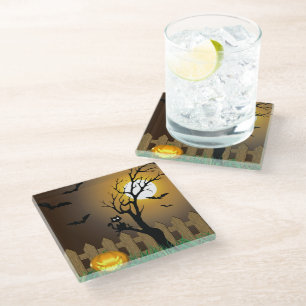 Scary Halloween Garden Scene Glass Coaster
