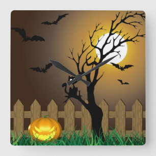 Scary Halloween Garden Scene Square Wall Clock