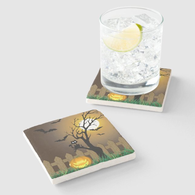 Scary Halloween Garden Scene Stone Coaster (Side)