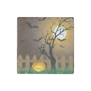 Scary Halloween Garden Scene Stone Magnet