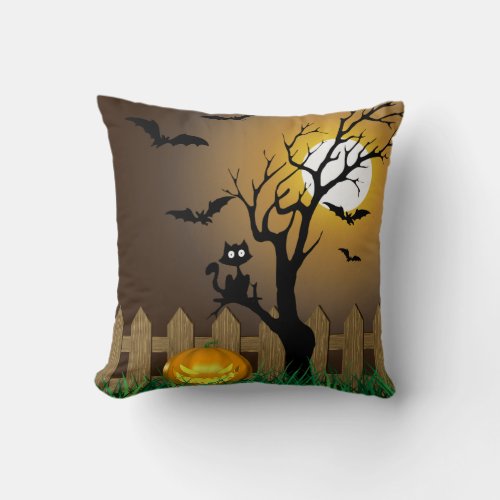 Scary Halloween Garden Scene Throw Pillow