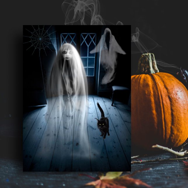 Scary Halloween Ghost and Black Cat Postcard (Creator Uploaded)