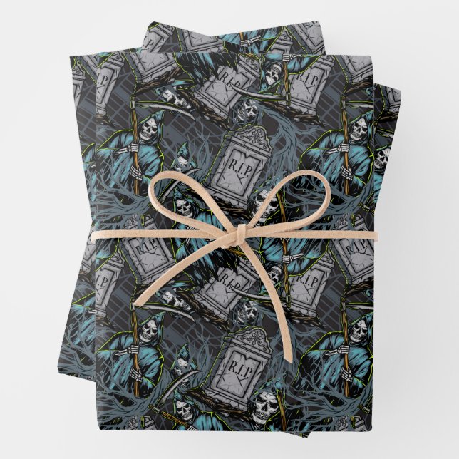 Scary Halloween Grim Reaper Grave Stones Wrapping Paper Sheets (In situ)