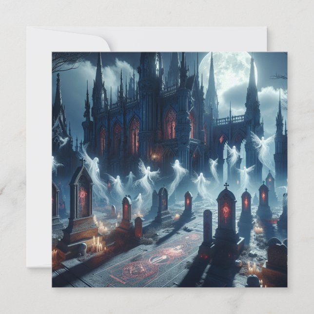 Scary Halloween Haunted Castle Cemetery Holiday Card (Front)