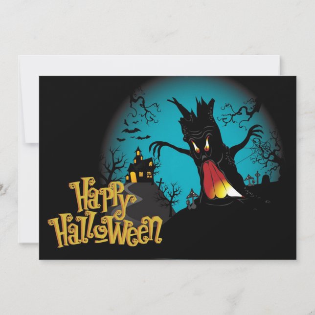 Scary Halloween Haunted house with tree Card (Front)