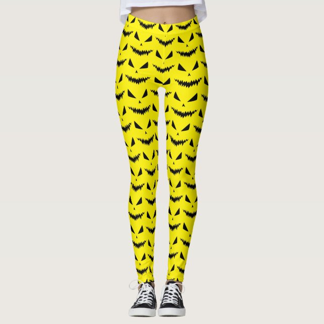 Scary Halloween Jack OLantern black face yellow Leggings (Front)