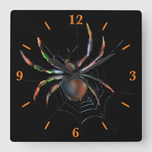 Scary Halloween Metallic Spider And Web Square Wall Clock