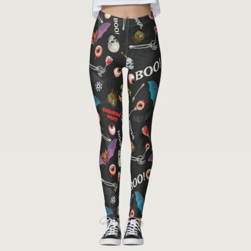 Scary Halloween Modern Icons Skull Bat Eyeballs Leggings