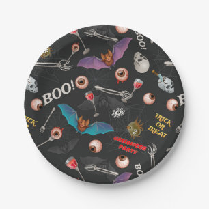 Scary Halloween Modern Icons Skull Bat Eyeballs Paper Plates