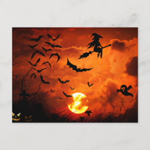 Scary Halloween Night - Witch, Bats, Ghost Holiday Postcard