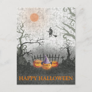 Scary Halloween Night with Witch Pumpkin Postcard