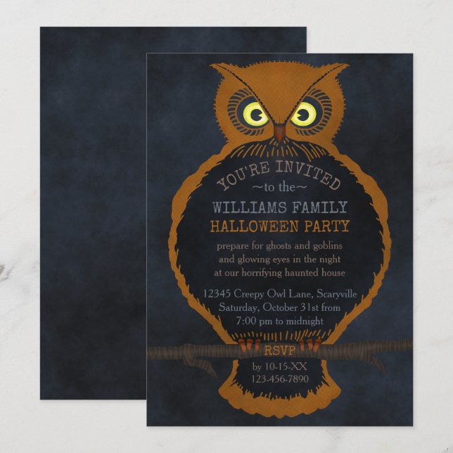 Scary Halloween Orange Owl Haunted House Party Invitation (Front/Back)