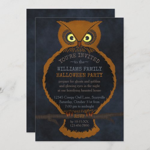Scary Halloween Orange Owl Haunted House Party Invitation