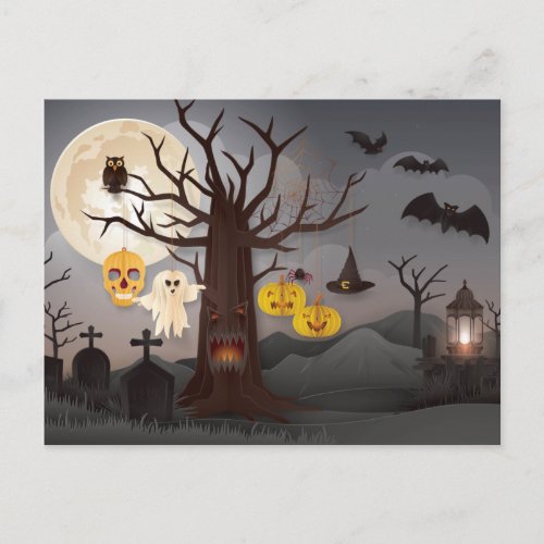 Scary Halloween Papercut Tree Ghosts Bats Postcard