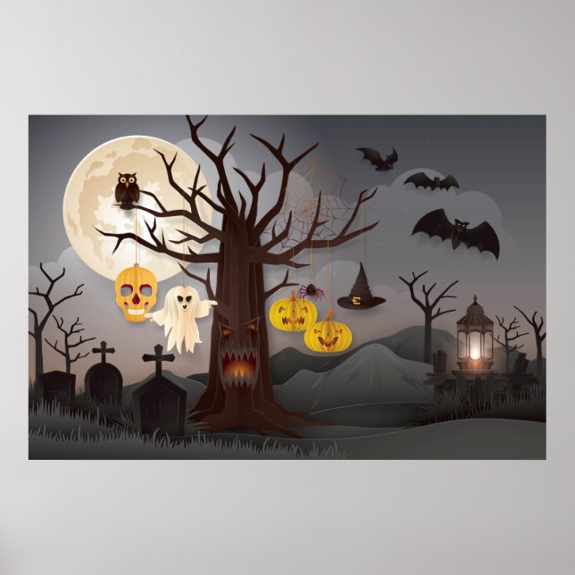 Scary Halloween Papercut Tree, Ghosts, Bats Poster (Front)