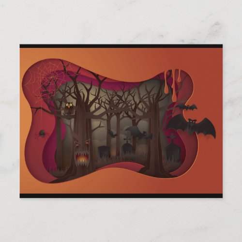 Scary Halloween Papercut Tree in Graveyard Postcard