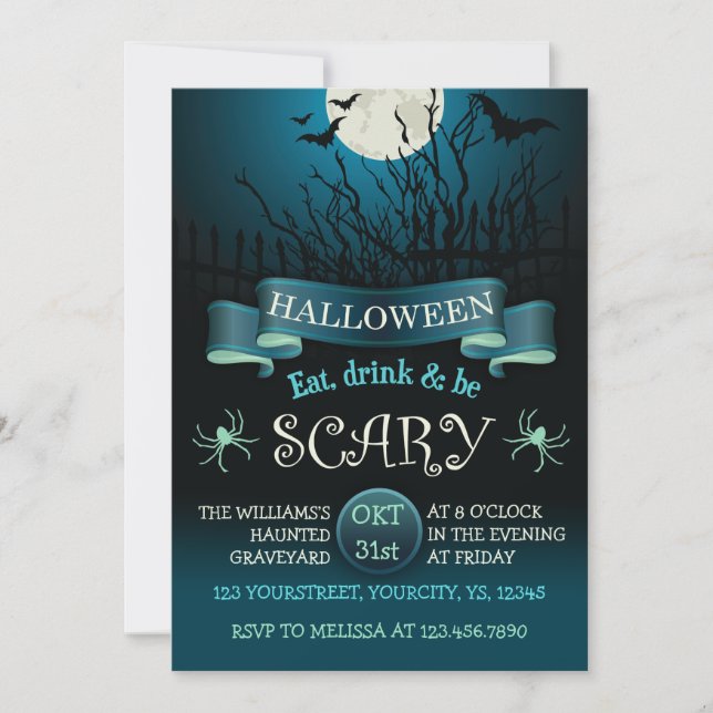 Scary Halloween party invitation in dark blue (Front)