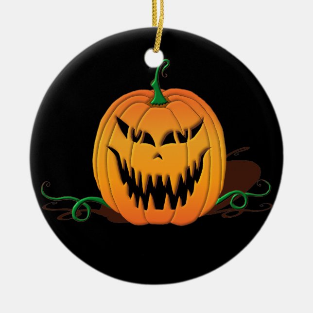 Scary Halloween Pumpkin Face Ceramic Ornament (Front)